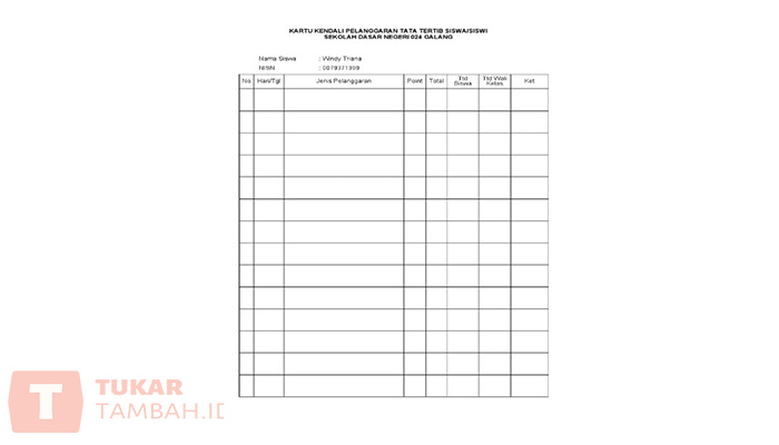 Contoh Kartu Poin Pelanggaran Siswa